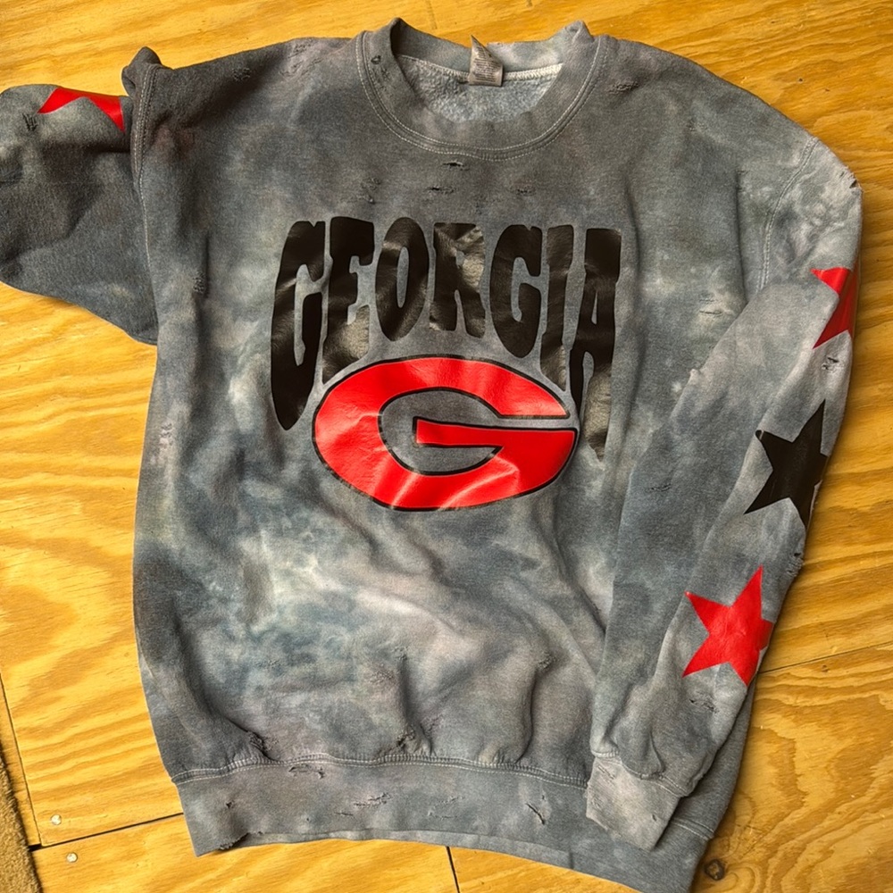 Grey distressed Georgia Sweatshirt with Red and Black Accents